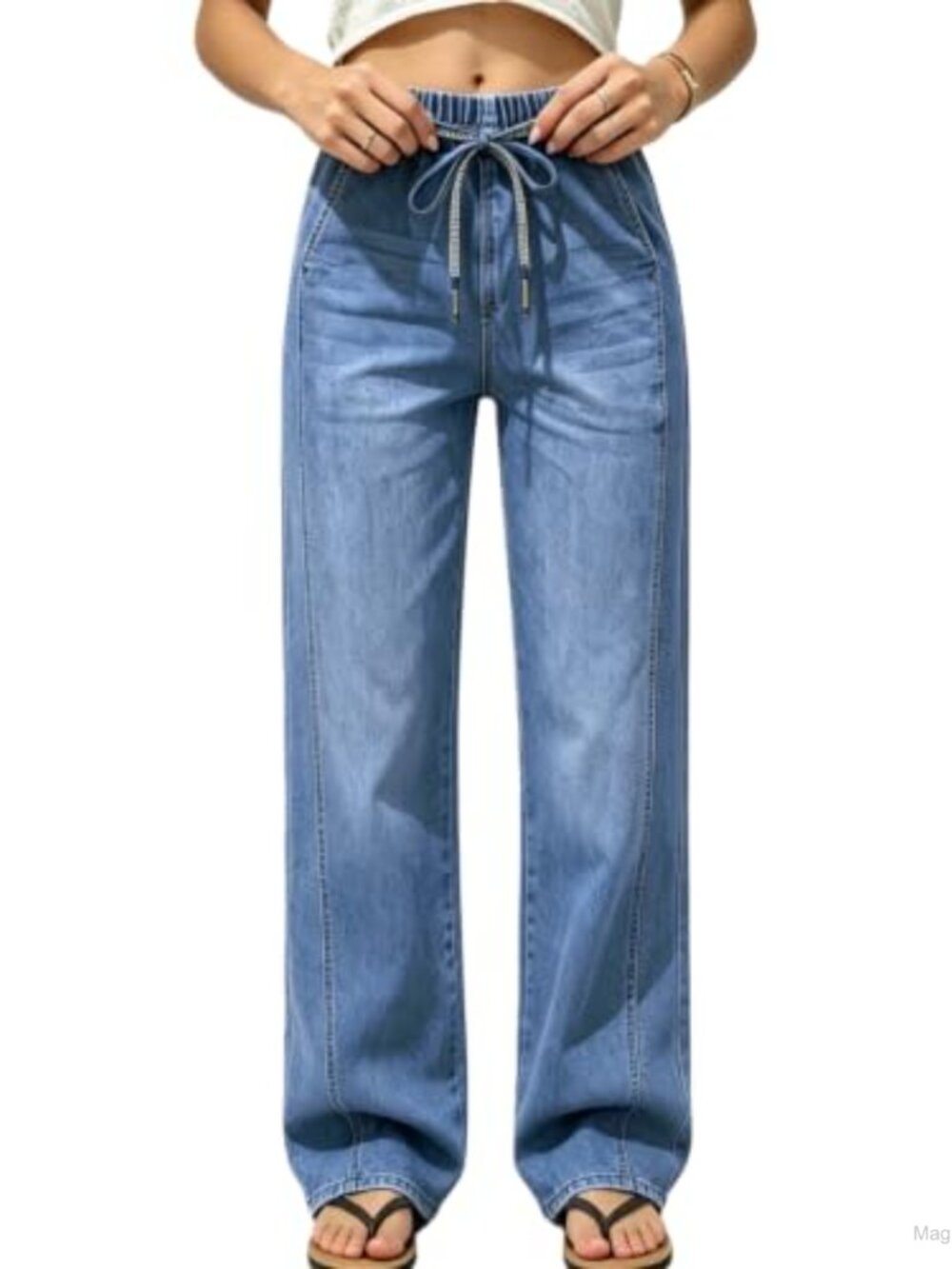 High Waist Wide Leg Jeans with Rhinestone Drawstring Adjustable Fit